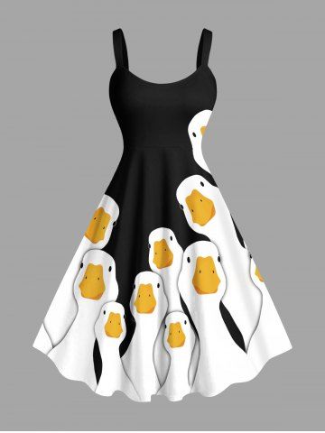 Plus Size Cute Goose Print Hawaii A Line Tank Dress - BLACK - 5X