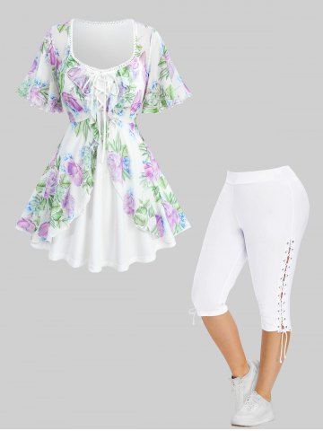 Floral Leaf Print Mesh Ruffles Layered Top and High Waisted Lace Up Side Plus Size Capri Pants Plus Size Outfit - WHITE