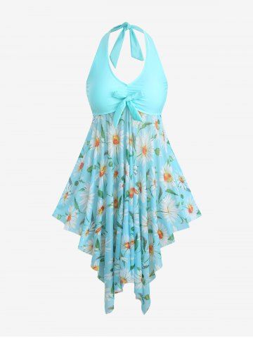 Plus Size Daisy Flowers Print Bowknot Halter Asymmetrical Tankini Swimsuit - LIGHT BLUE - 5X