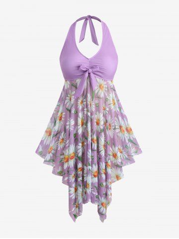 Plus Size Daisy Flowers Print Bowknot Halter Asymmetrical Tankini Swimsuit - LIGHT PURPLE - 4X