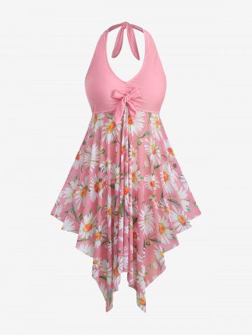 Plus Size Daisy Flower Print Bowknot Asymmetrical Halter Tankini Swimsuit - LIGHT PINK - L
