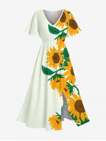 Plus Size Sunflower Print Hawaii Split Pocket A Line Midi Dress - WHITE - M