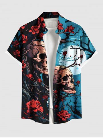 Chemise Imprimé Branche D'arbre Floral et Crâne Grande Taille avec Poche en Avant pour Homme