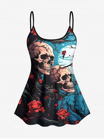 Tree Branch Floral Moon Skull Print Tankini Top(Adjustable Shoulder Strap) - MULTI-A - S