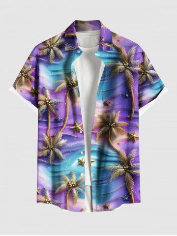 Chemise à poches boutonnées grande taille pour homme, imprimé ombré de cocotiers et d'étoiles de mer, style hawaïen, avec motif marin et cocotiers. - PURPLE - L