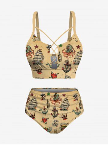 Plus Size Octopus Bottle Sailboat Print Lace Up Panel Hawaii Tankini Swimsuit - LIGHT COFFEE - M
