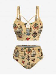 Maillot de Bain Tankini Noué Panneau en Pieuvre de Voilier Imprimé de Grande Taille - café lumière 6X