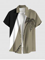 Chemise Décontractée en Blocs de Couleurs Arbre de Noix de Coco Imprimé Grande Taille avec Poche - Vert XL