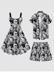 Skulls Tropical Leaf Print Plus Size Matching Hawaii Beach Outfit For Couples -  