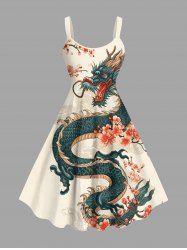 Plus Size Floral Branch Dragon Print A Line Tank Dress -  
