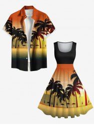 Coconut Tree Ombre Sea Print Plus Size Matching Hawaii Beach Outfit For Couples - Rouge 
