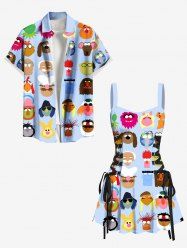 Funny Cartoon Role Print Plus Size Matching Hawaii Beach Outfit For Couples -  