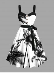 Plus Size Coconut Tree Print Buttons Turn Down Collar Hawaii Dress With Belt -  
