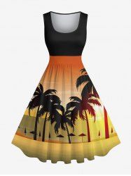 Plus Size Coconut Tree Ombre Sea Print 1950s Vintage Hawaii Dress -  