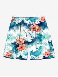 Plus Size Flower Ombre Sea Waves Print Hawaii Drawstring Beach Shorts For Men -  
