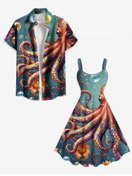 Tenue de plage hawaïenne assortie grande taille à imprimé fleurs de poulpe et bulles pour couples - Vert 