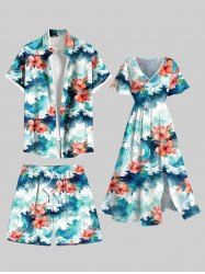 Tenue de plage hawaïenne assortie grande taille à imprimé vagues et fleurs ombrées pour couples - Bleu clair 