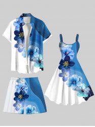 Tenue de plage hawaïenne assortie grande taille avec imprimé floral ombré et peinture à l'encre pour couples - Bleu 
