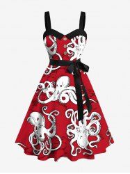 Robe Ligne A Boutonnée Pieuvre Imprimée de Grande Taille avec Ceinture Amovible - Rouge 4X