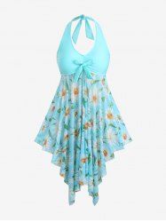 Plus Size Daisy Flowers Print Bowknot Halter Asymmetrical Tankini Swimsuit -  