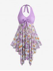 Plus Size Daisy Flowers Print Bowknot Halter Asymmetrical Tankini Swimsuit -  