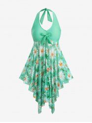 Plus Size Daisy Flowers Print Bowknot Halter Asymmetrical Tankini Swimsuit -  