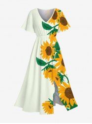 Plus Size Sunflower Print Hawaii Split Pocket A Line Midi Dress -  
