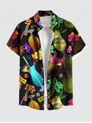 Plus Size Neon Coconut Tree Pineapple Juice Floral Print Hawaii Button Pocket Shirt For Men -  