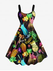 Plus Size Neon Coconut Tree Pineapple Juice Floral Print Hawaii A Line Tank Dress -  