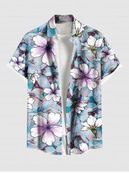 Plus Size Flower Print Hawaii Button Pocket Shirt For Men -  