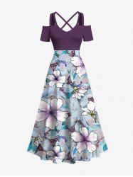 Maxi Robe Ligne A à Bretelle Croisée Fleur Imprimée à Epaule Dénudée de Grande Taille - Bleu clair XXS