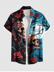 Plus Size Tree Branch Floral Moon Skull Print Button Pocket Shirt For Men -  