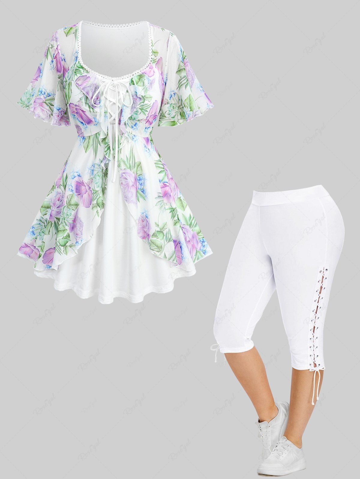 Sale Floral Leaf Print Mesh Ruffles Layered Top and High Waisted Lace Up Side Plus Size Capri Pants Plus Size Outfit  