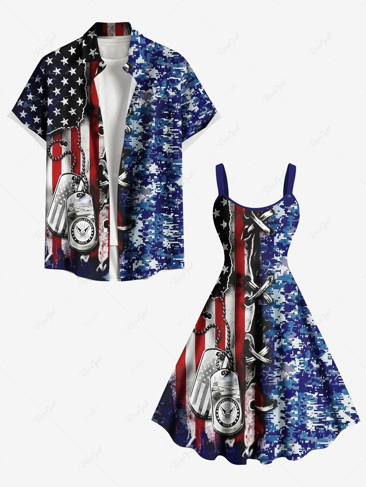 Store 3D Lace Up Patriotic American Flag Camouflage Chain Print Plus Size Matching Outfit For Couples  