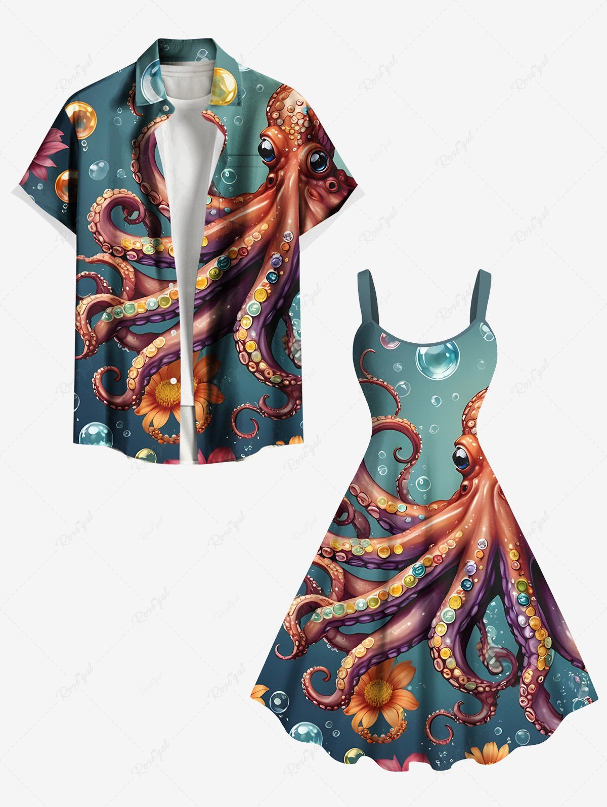 Tenue de plage hawaïenne assortie grande taille à imprimé fleurs de poulpe et bulles pour couples Vert 