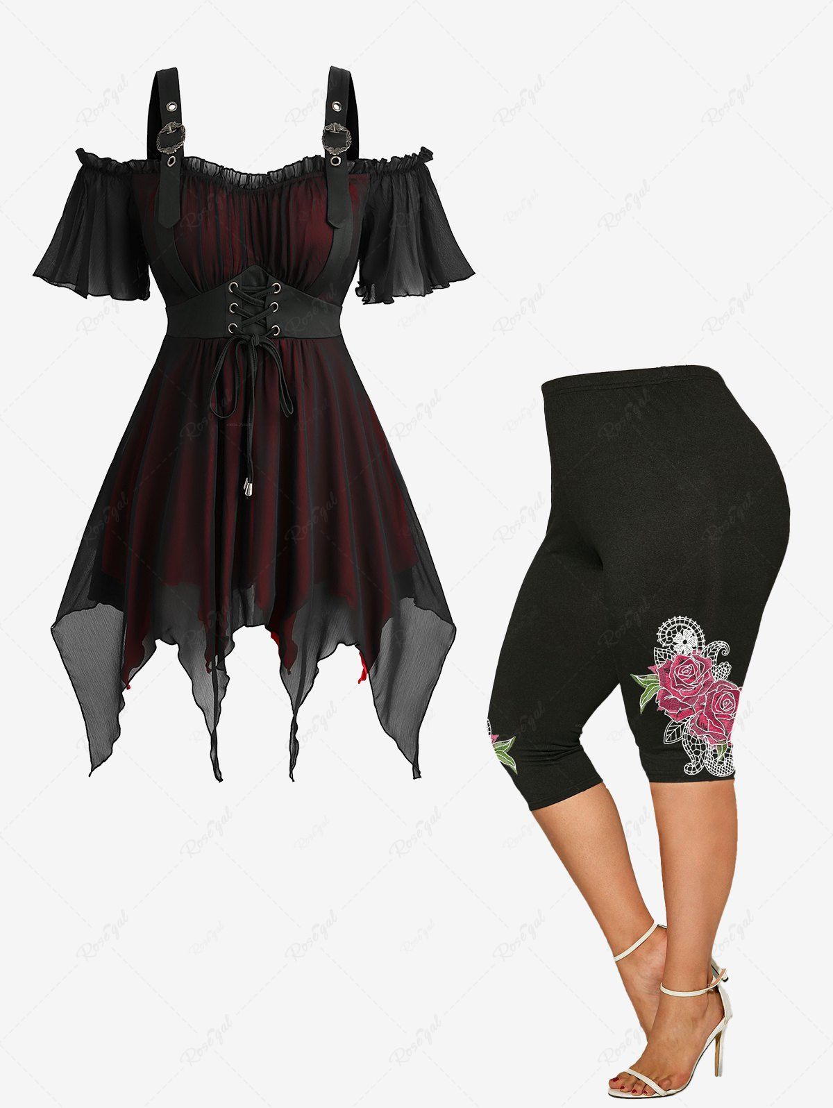 Online Lace Up Cold Shoulder Asymmetrical Blouse and High Waist Capri Leggings Plus Size Outfit  