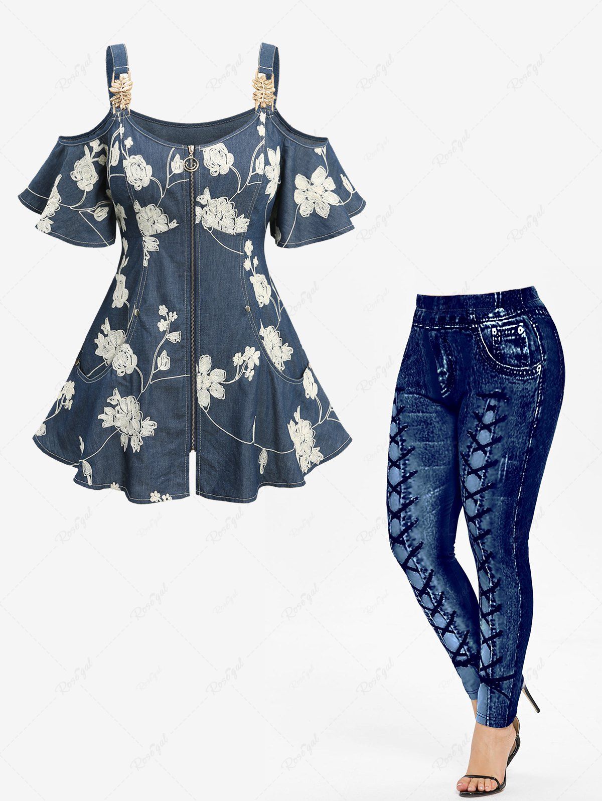 Sale Jacquard Embroidery Flowers Zip Up Cold Shoulder T-shirt and Leggings Plus Size Outfit  