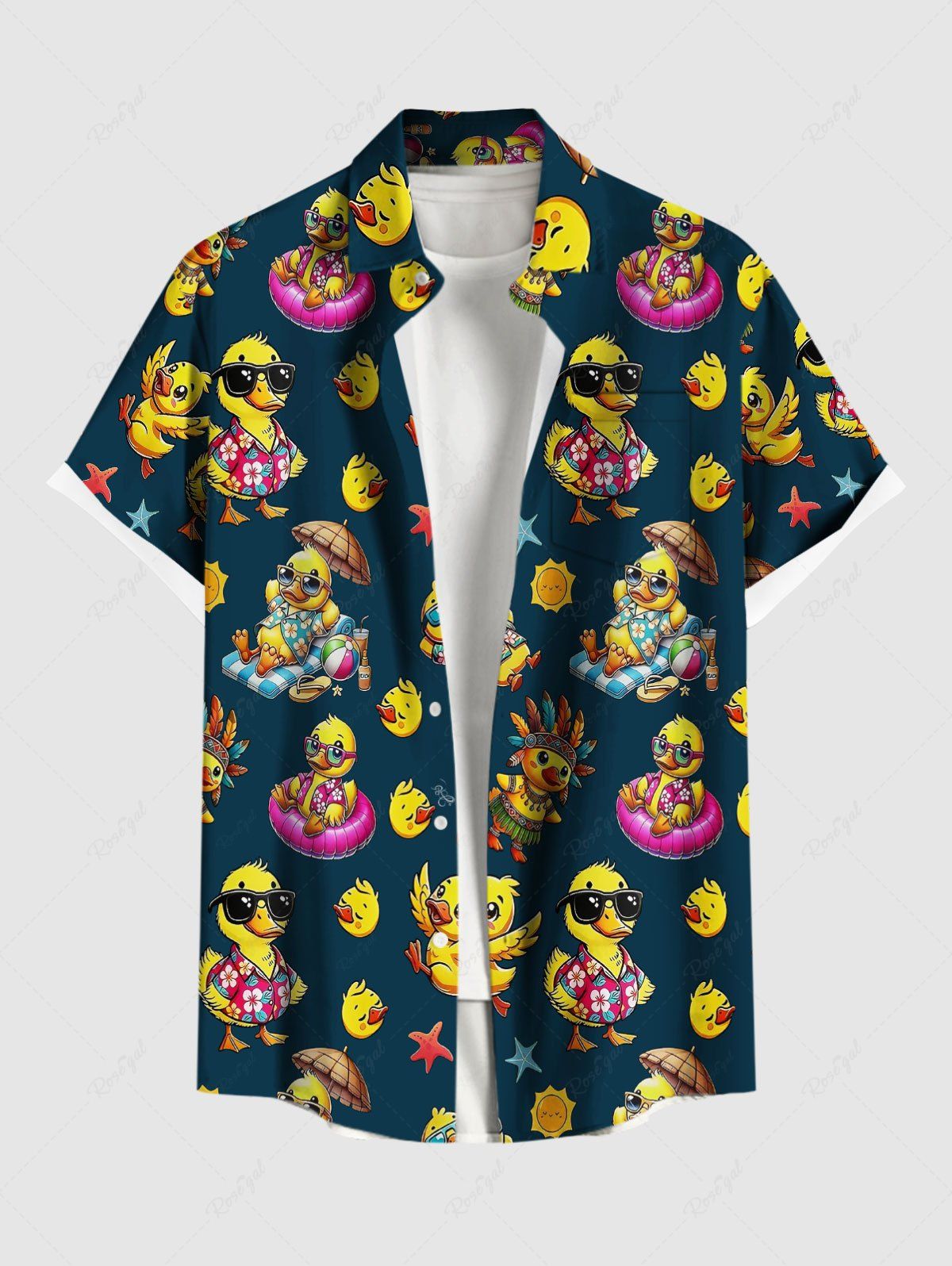 Hot Plus Size Ducks Swimming Ring Starfish Sun Print Buttons Pocket Hawaii Shirt For Men  