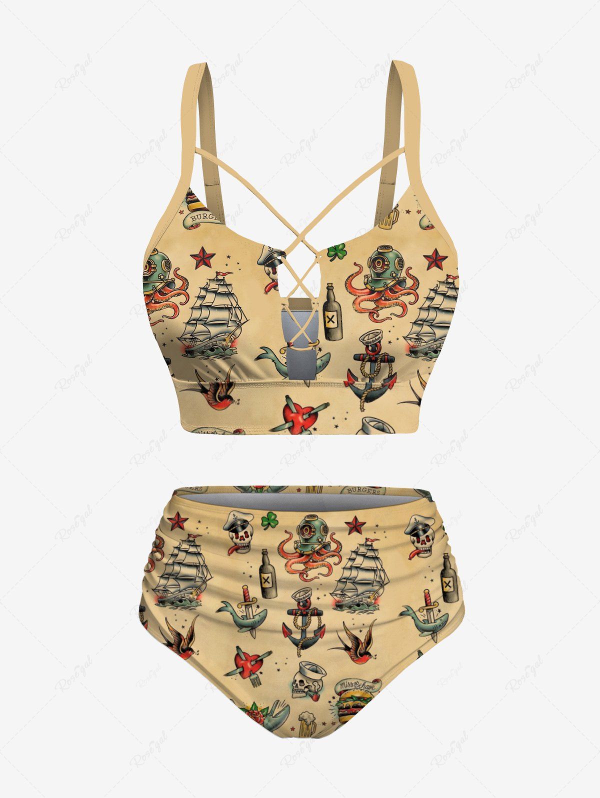 Maillot de Bain Tankini Noué Panneau en Pieuvre de Voilier Imprimé de Grande Taille café lumière 6X