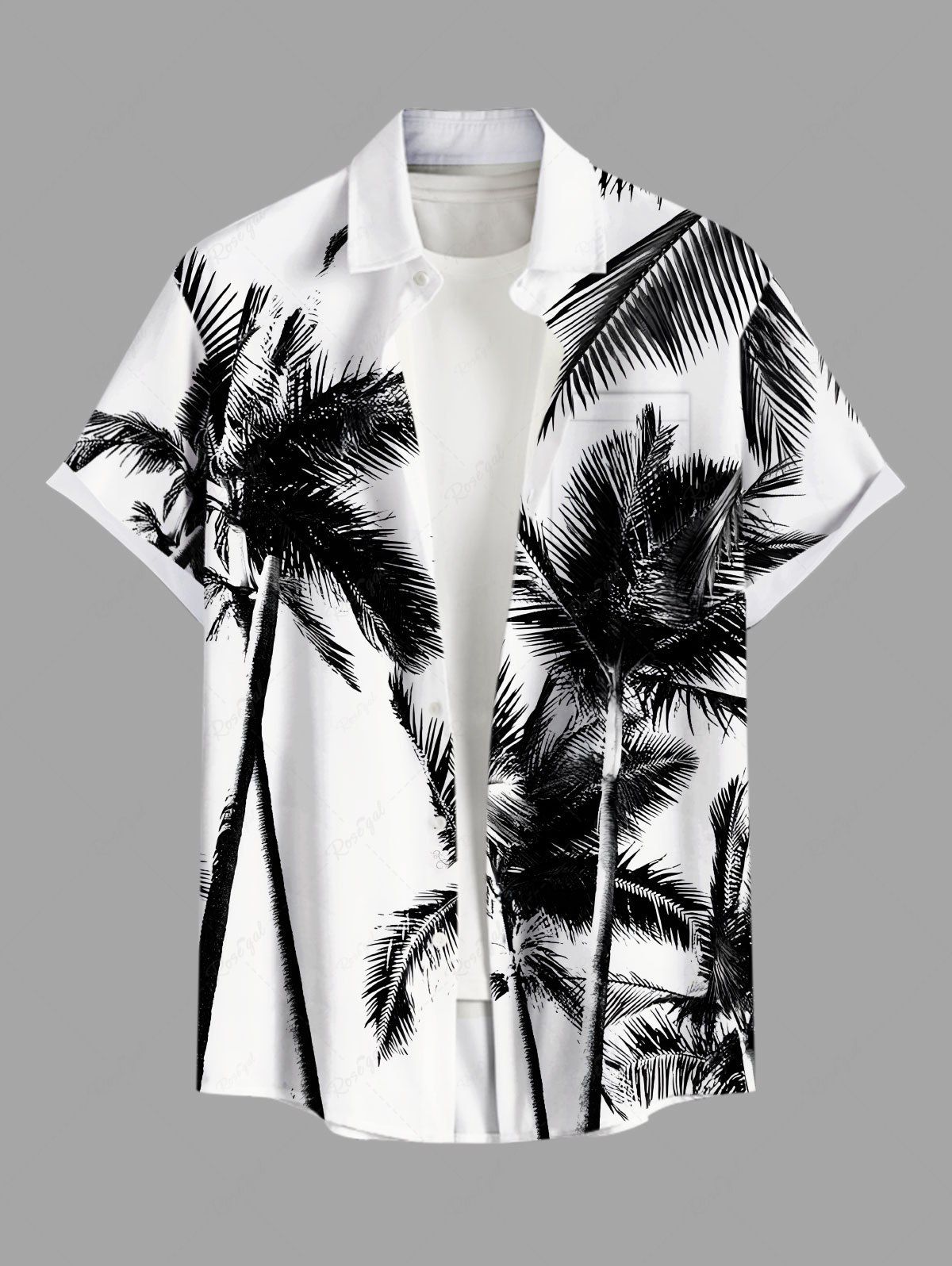 Sale Plus Size Coconut Tree Print Buttons Pocket Hawaii Shirt For Men  