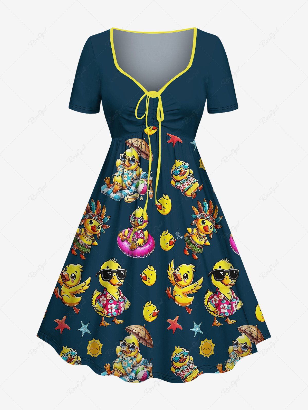 Trendy Plus Size Ducks Swimming Ring Starfish Sun Print Cinched Hawaii Dress  