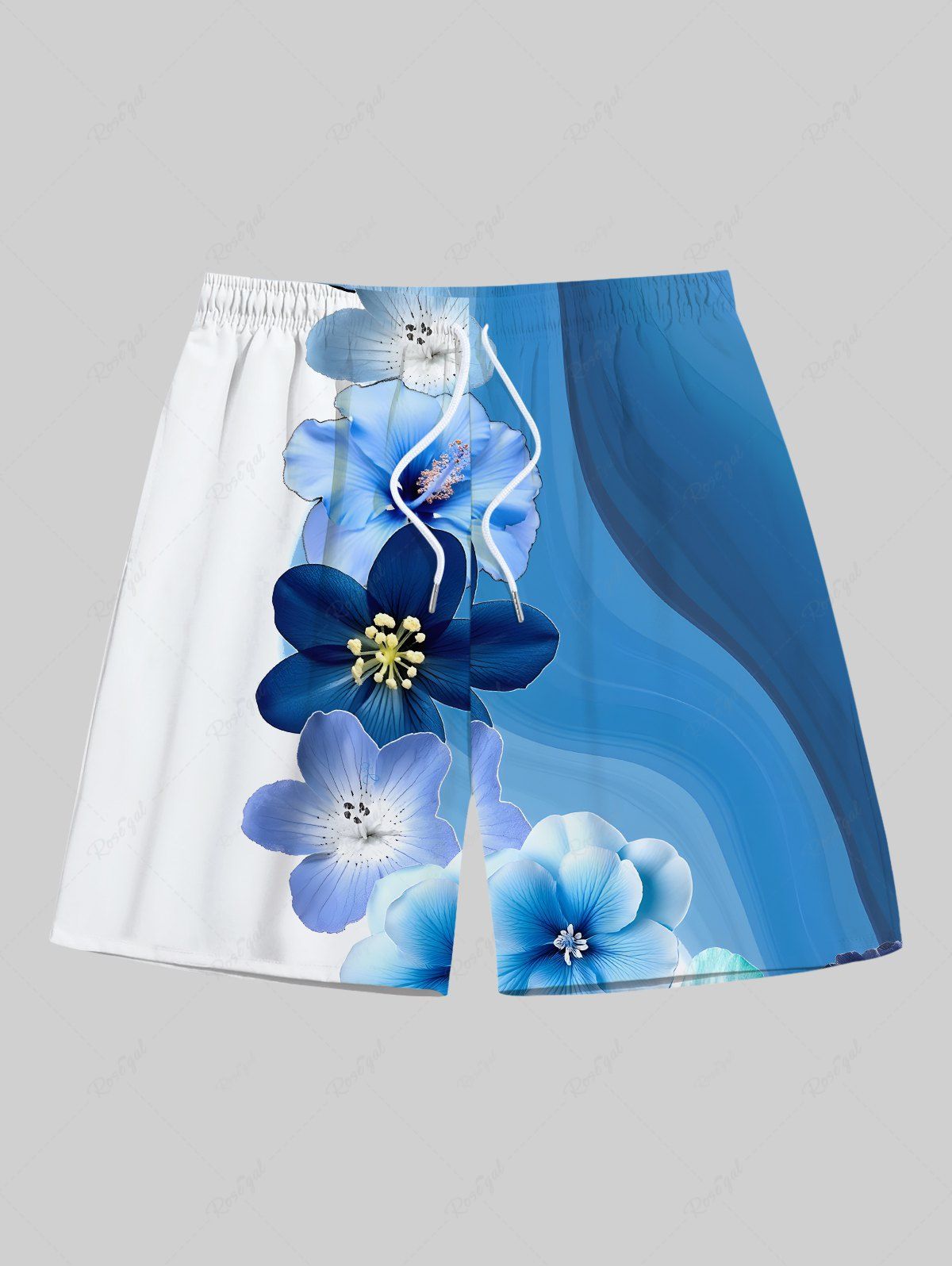 Chic Plus Size Ombre Watercolor Flower Print Hawaii Drawstring Beach Shorts For Men  