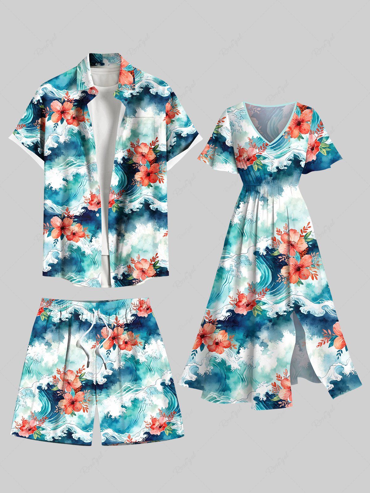 Tenue de plage hawaïenne assortie grande taille à imprimé vagues et fleurs ombrées pour couples Bleu clair 
