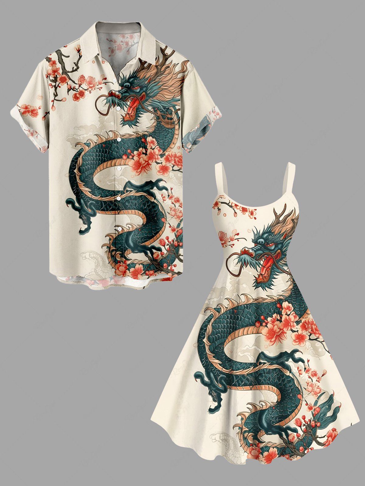 Tenue Costume Grande Taille Imprimé Dragon Floral café lumière 