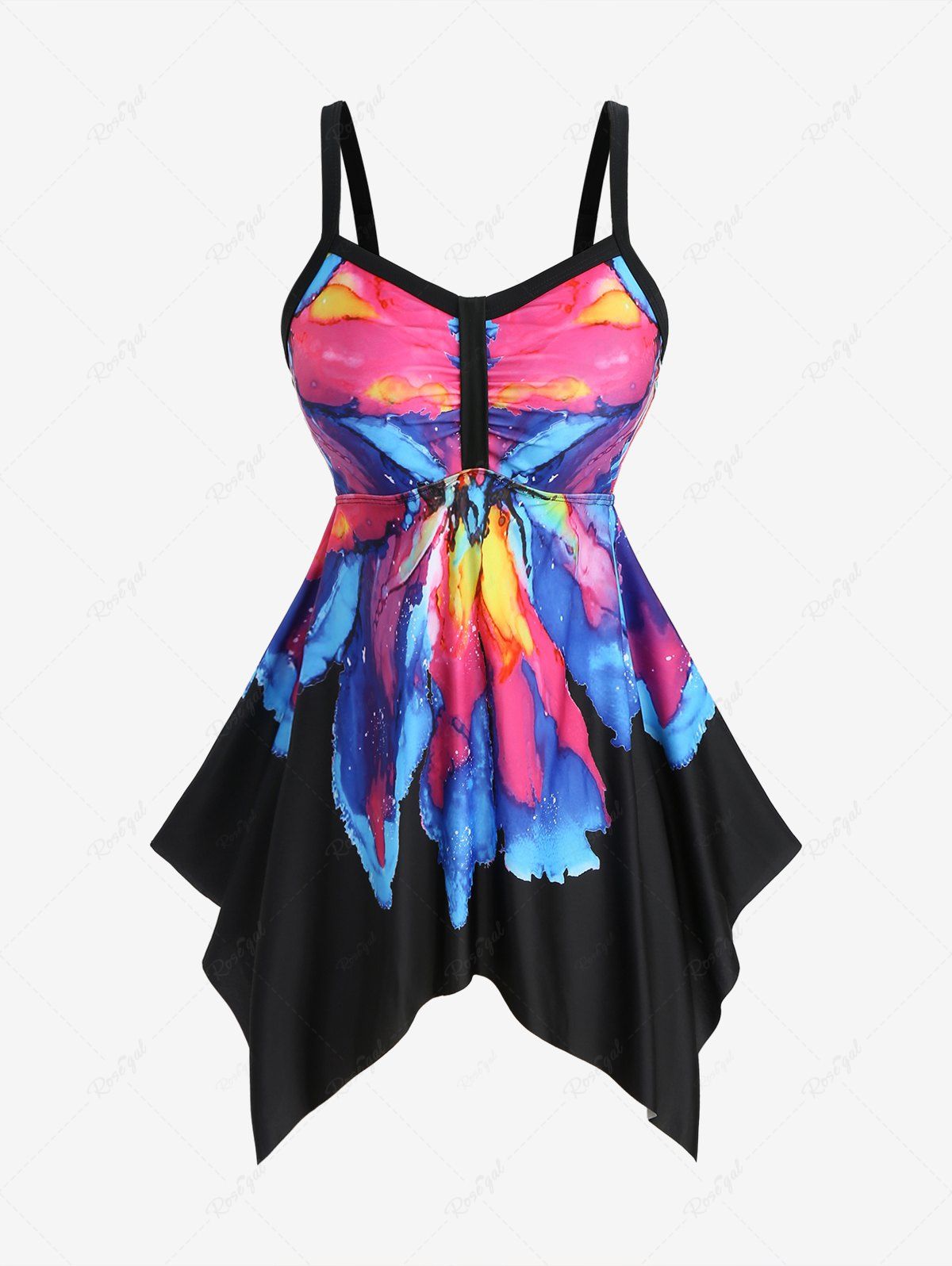 Latest Plus Size Watercolor Abstract Landscape River Print Ruched Asymmetrical Tankini Swimsuit  