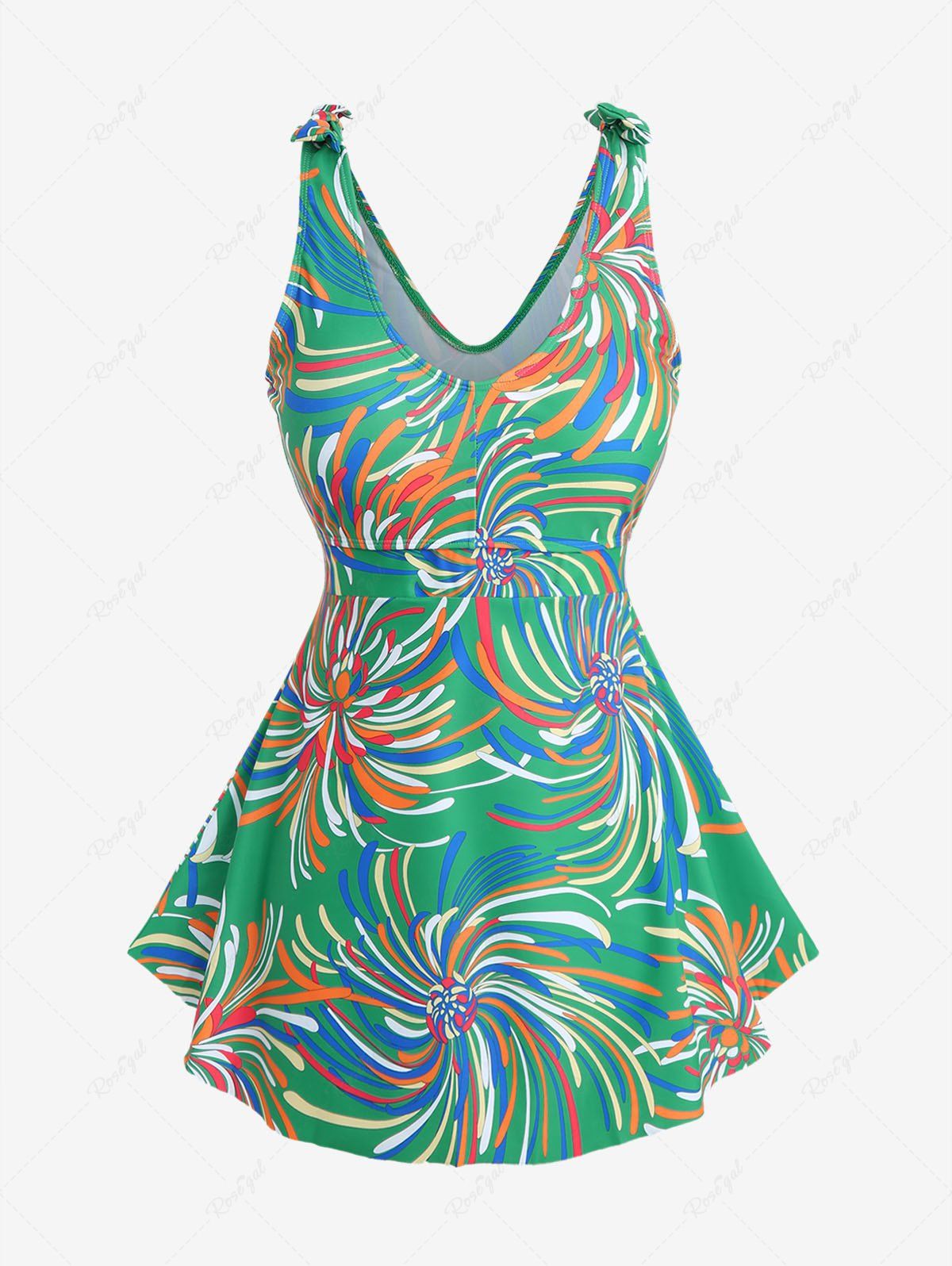 New Plus Size Colorful Chrysanthemum Flowers Print Bowknot Shoulder Tankini Swimsuit  