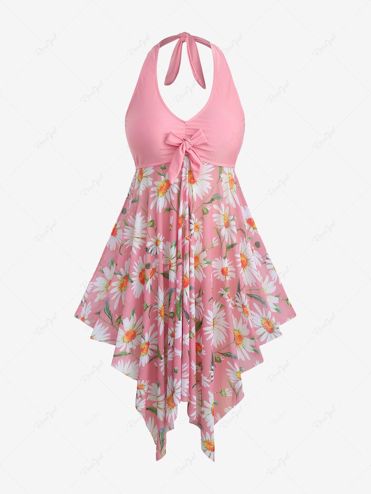 Maillot de Bain Tankini Asymétrique Fleur Marguerite Imprimée de Grande Taille à Col Halter Rose clair 5X