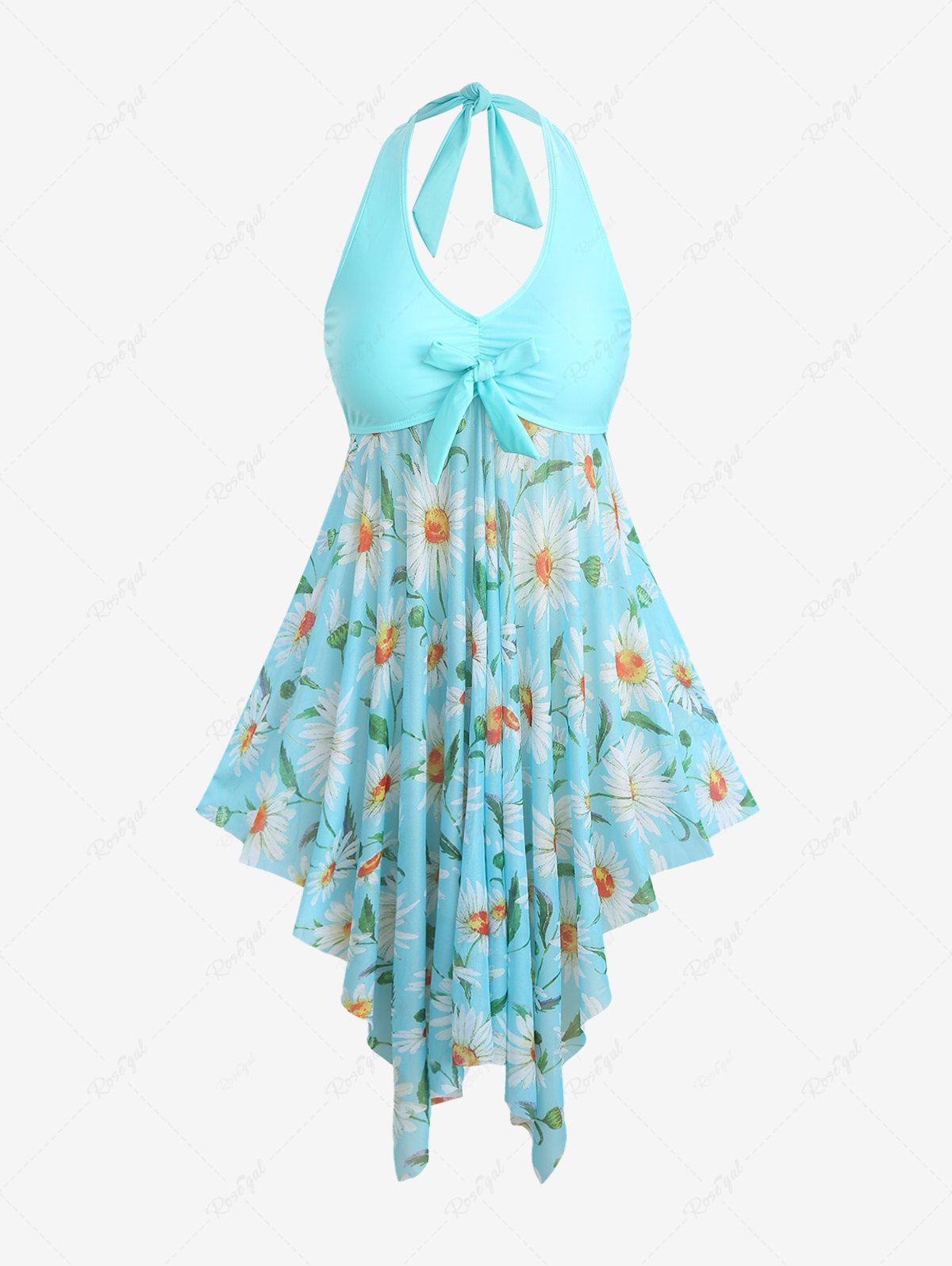 Trendy Plus Size Daisy Flowers Print Bowknot Halter Asymmetrical Tankini Swimsuit  