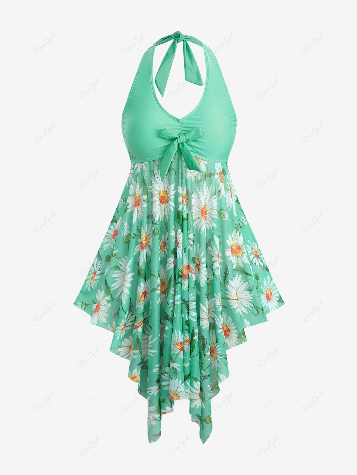 Unique Plus Size Daisy Flowers Print Bowknot Halter Asymmetrical Tankini Swimsuit  