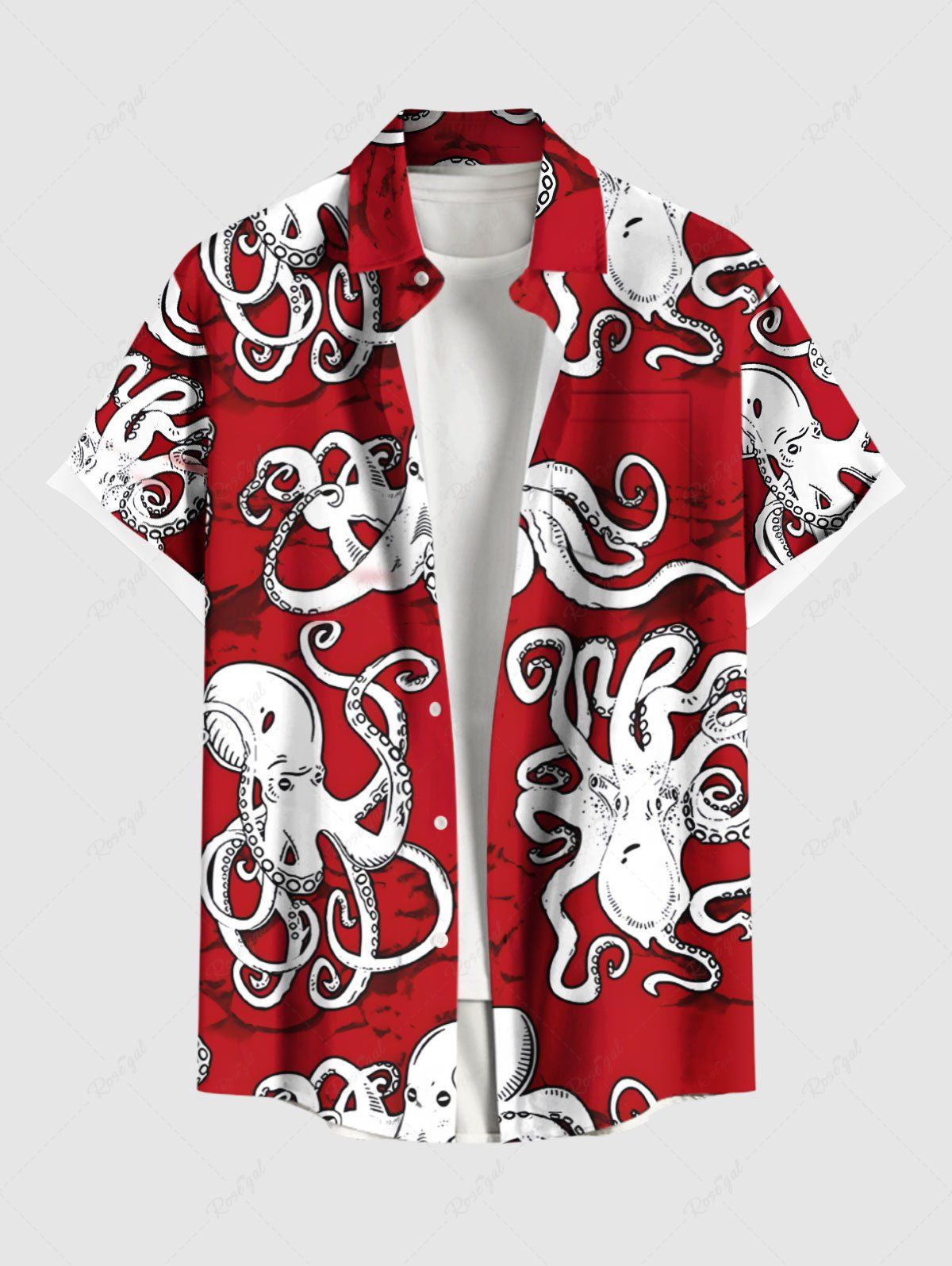 New Plus Size Octopus Print Hawaii Button Pocket Shirt For Men  